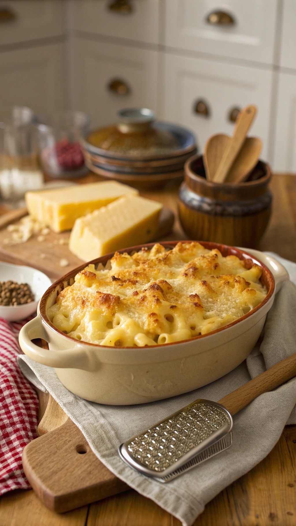A bubbling dish of creamy macaroni and cheese topped with a golden crust, surrounded by cheese blocks and kitchen utensils.