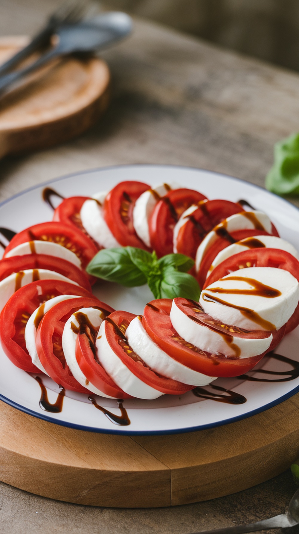 A layered Caprese salad with tomatoes, mozzarella, and basil, drizzled with balsamic glaze.