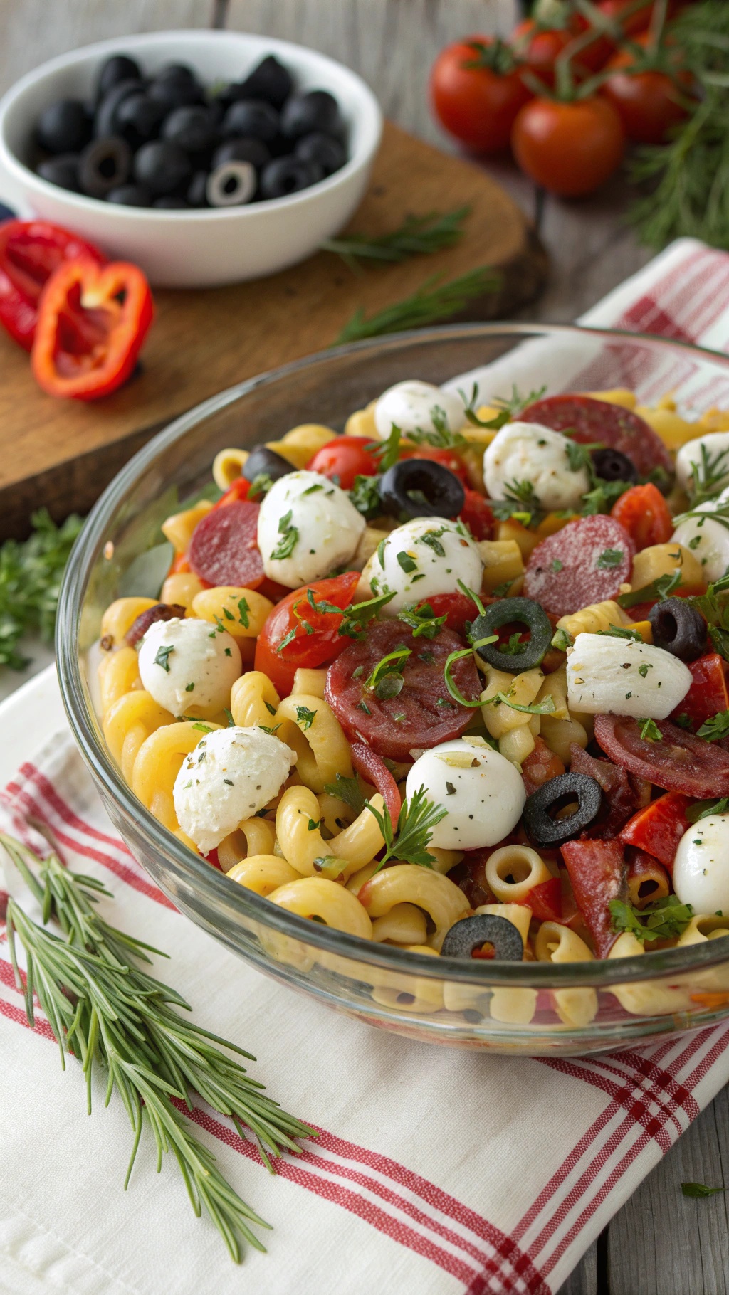 A colorful bowl of classic Italian pasta salad with tomatoes, olives, mozzarella, and salami.