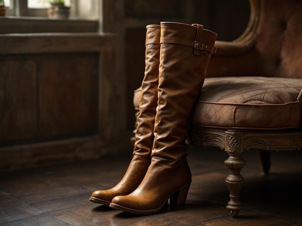 A pair of classic brown knee-high boots placed next to an elegant chair.