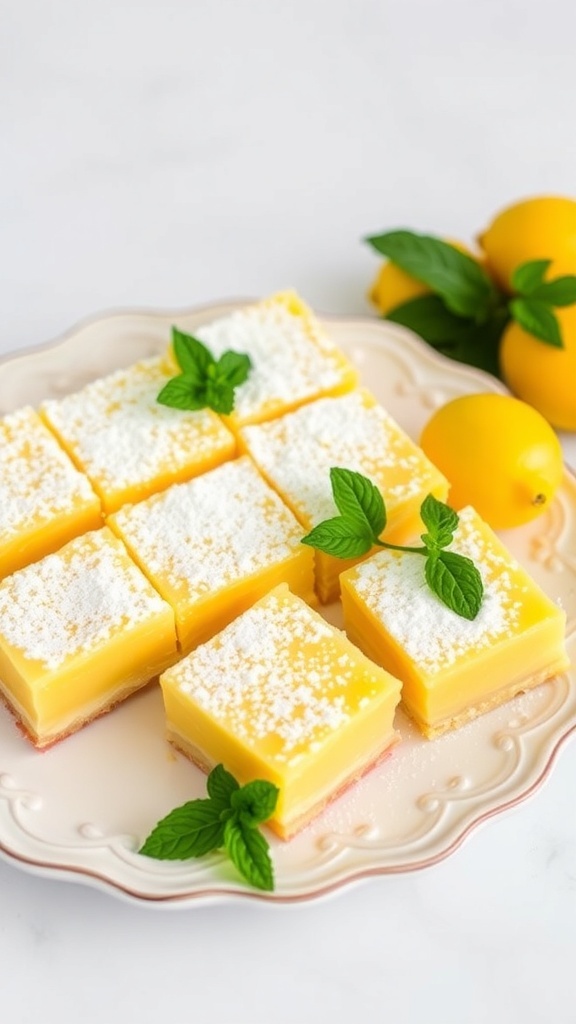 Delicious low sugar lemon bars garnished with mint leaves on a decorative plate.