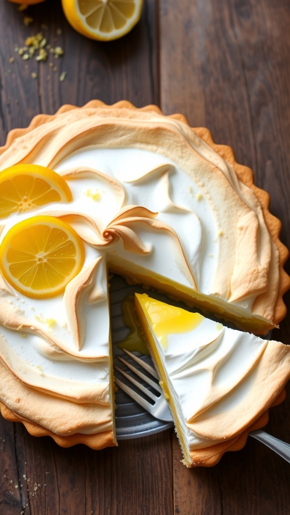 A lemon meringue pie with golden meringue topping and vibrant lemon filling, garnished with lemon slices.