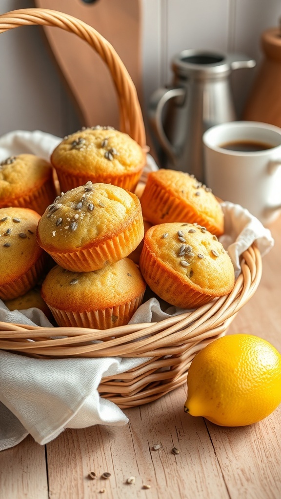 A basket of freshly baked lemon poppy seed muffins with a lemon beside it
