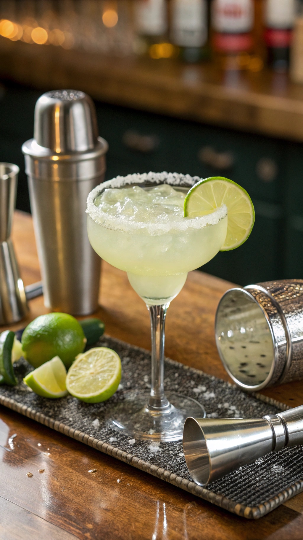 A refreshing classic lime skinny margarita in a glass with a salted rim, garnished with lime slices.