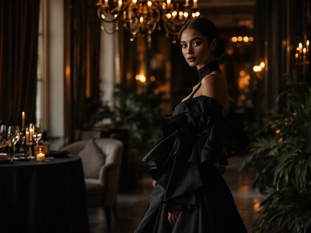 A woman in a stylish little black dress with ruffles, standing in an elegant setting with candlelight.