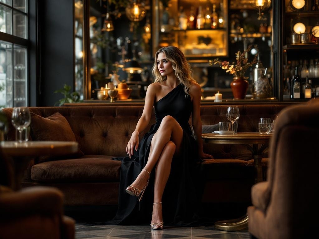 A woman in a classic little black dress sitting on a sofa, showcasing unique footwear in a stylish setting.