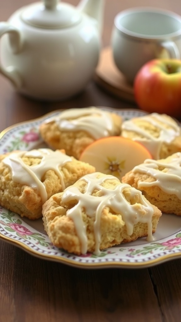 A plate of classic low-carb apple scones drizzled with icing, accompanied by a fresh apple and a cup of tea.