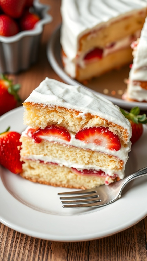 A slice of classic low-carb strawberry cake with fresh strawberries and whipped cream.