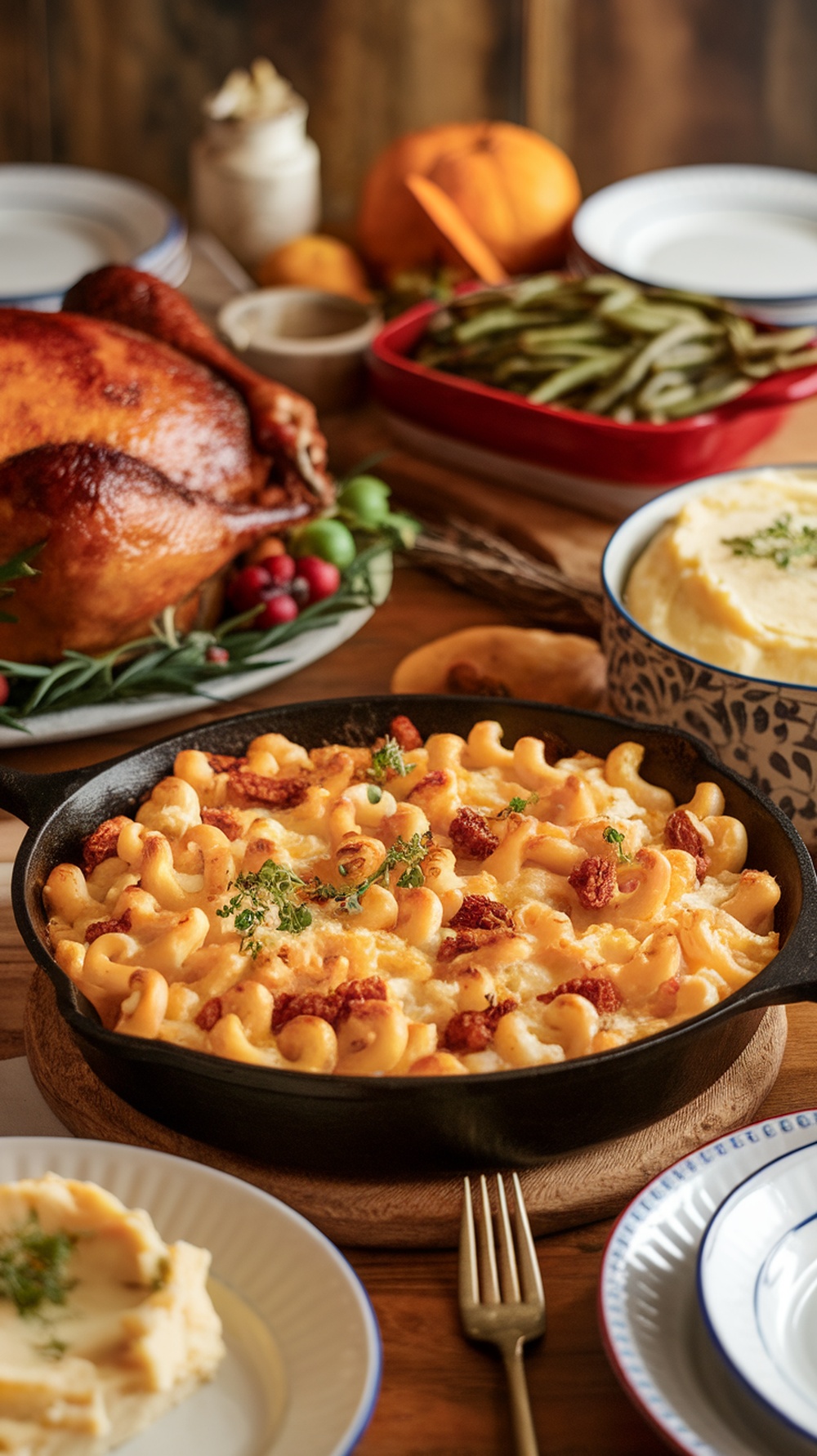 A delicious serving of macaroni and cheese with a Thanksgiving turkey in the background.