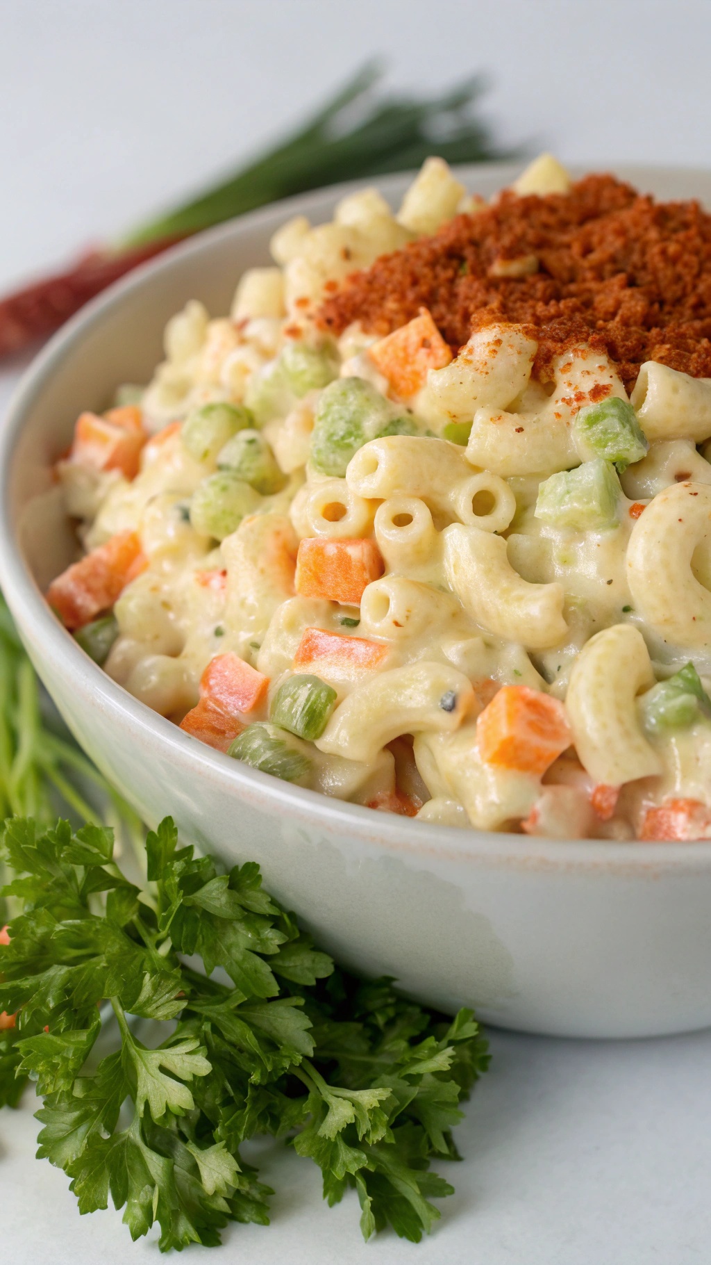 A bowl of creamy macaroni salad with colorful vegetables on top.
