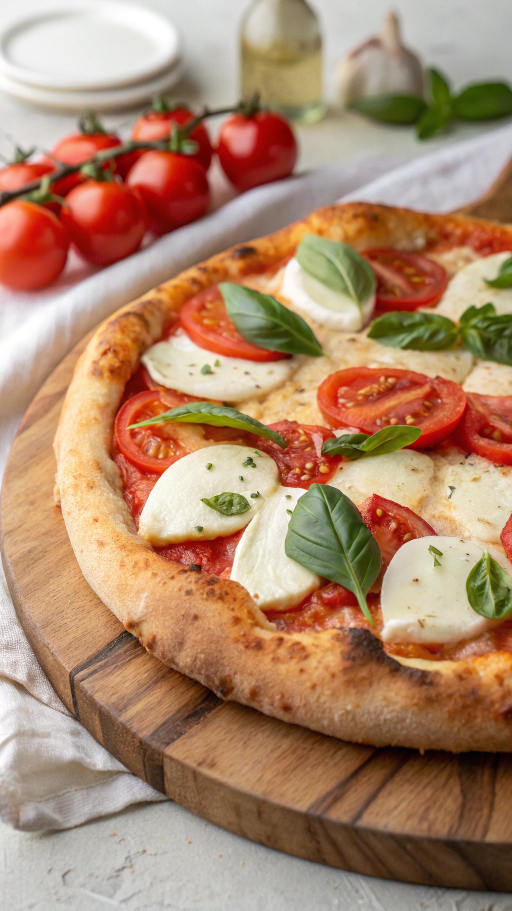 A delicious Margherita pizza topped with fresh tomatoes, mozzarella, and basil on a wooden board.