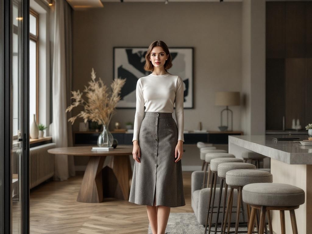 A woman wearing a fitted top and a classic midi skirt, standing in a modern interior.