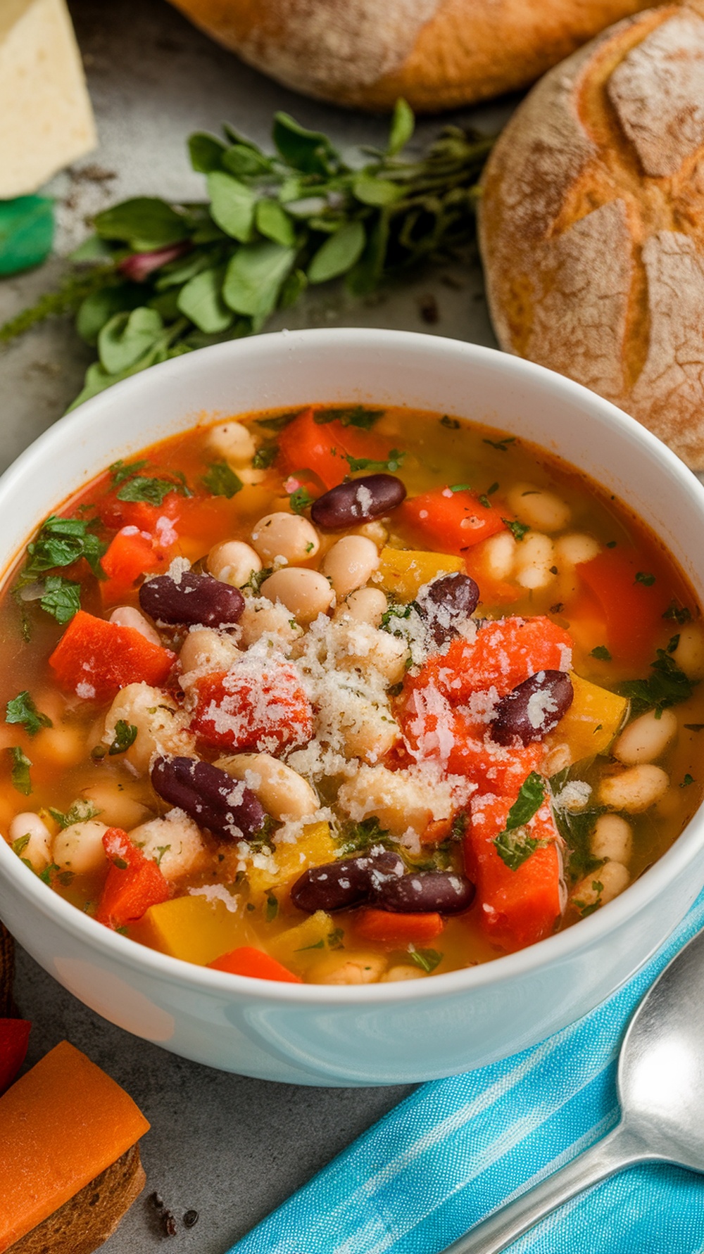 A bowl of classic minestrone soup with vegetables and beans.