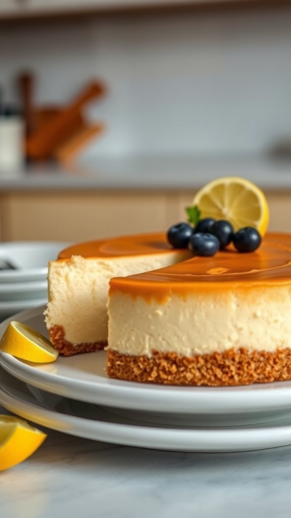 A classic New York style cheesecake with a graham cracker crust, topped with blueberries and a lemon slice, displayed on a plate.