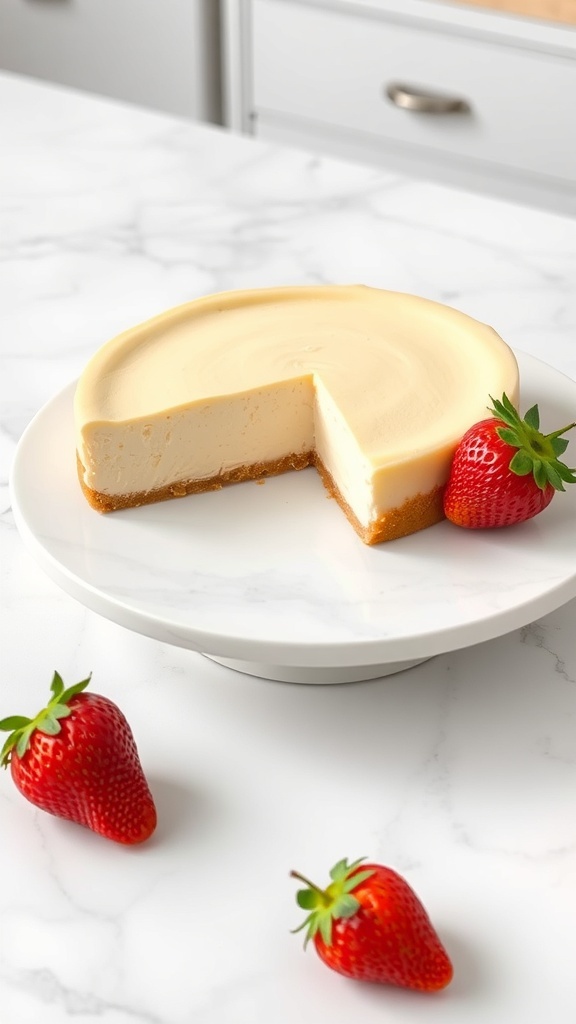 A slice of low-carb New York style cheesecake on a white plate with fresh strawberries.