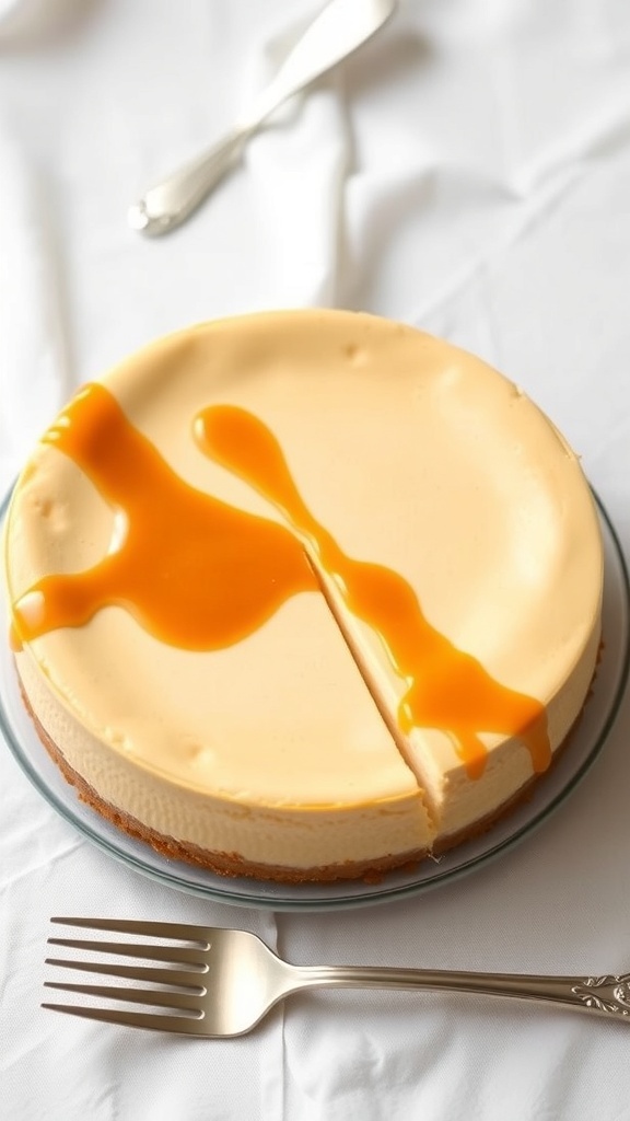 A classic no-bake cheesecake with caramel drizzle, showcasing a smooth surface and graham cracker crust.