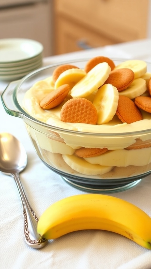 A glass bowl filled with layers of no-bake banana pudding, topped with banana slices and vanilla wafers.