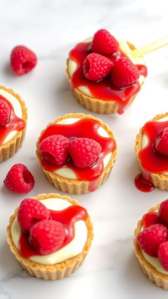 Classic No-Bake Cheesecake Cups topped with raspberries and raspberry sauce.