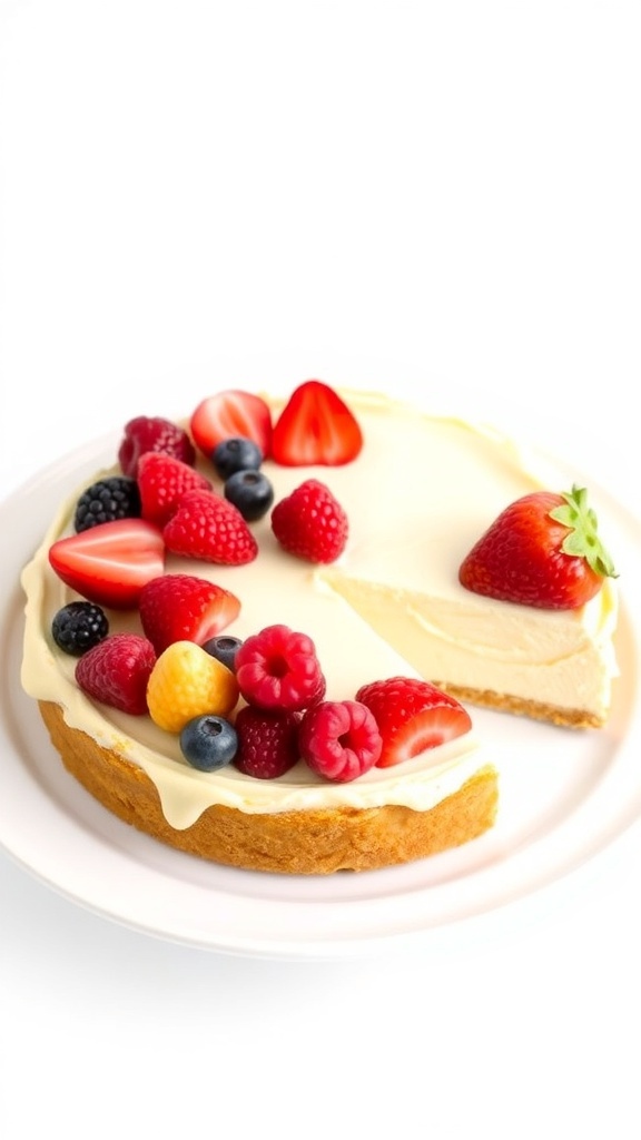 A classic no-bake cheesecake topped with fresh berries on a white plate.