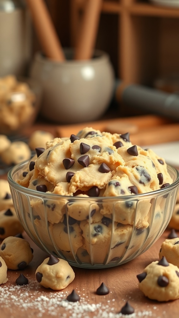 A bowl of classic no-bake chocolate chip cookie dough with chocolate chips scattered around.