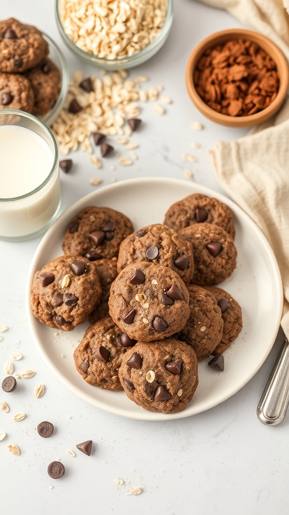 A plate of classic no-bake chocolate oatmeal cookies surrounded by ingredients like oats, cocoa powder, and chocolate chips.