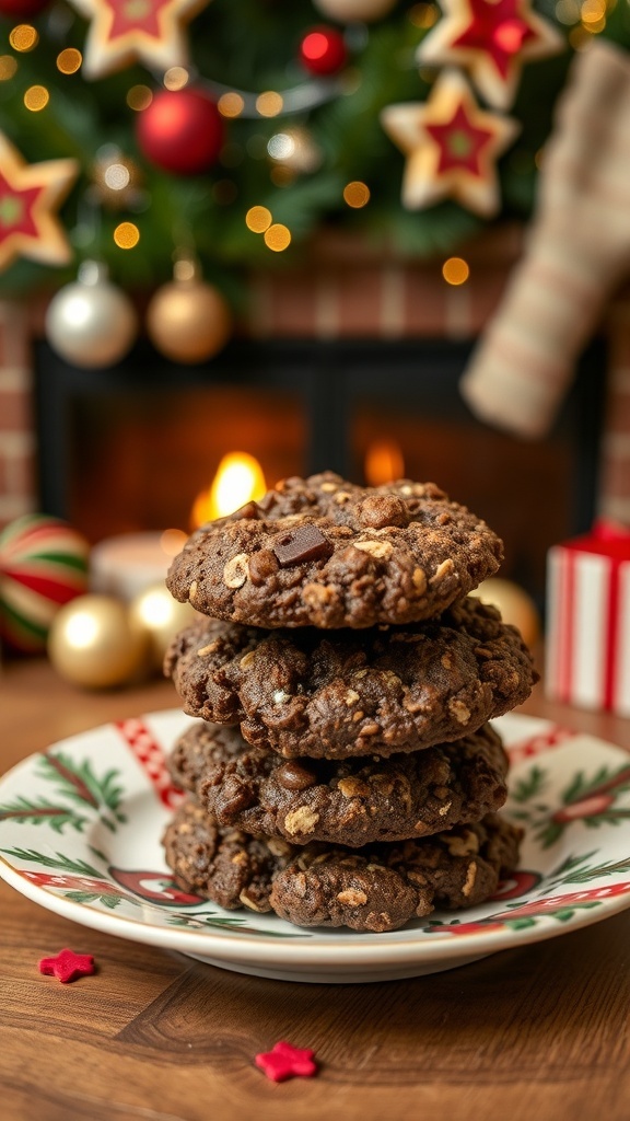 A plate of no-bake chocolate oatmeal cookies stacked high, with a festive background of holiday decorations.