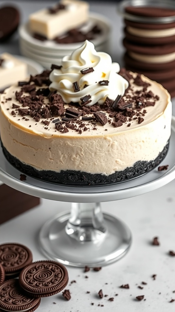 A delicious no-bake Oreo cheesecake topped with whipped cream and chocolate shavings.