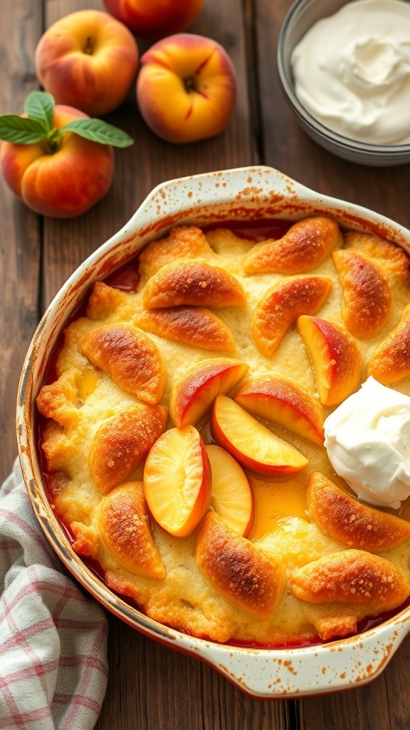 A delicious peach cobbler topped with fresh peach slices and a dollop of whipped cream, surrounded by fresh peaches.