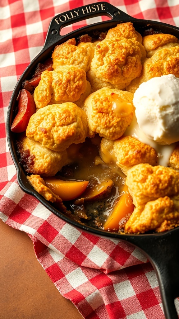A delicious peach cobbler in a cast iron skillet, topped with golden biscuits and served with ice cream.