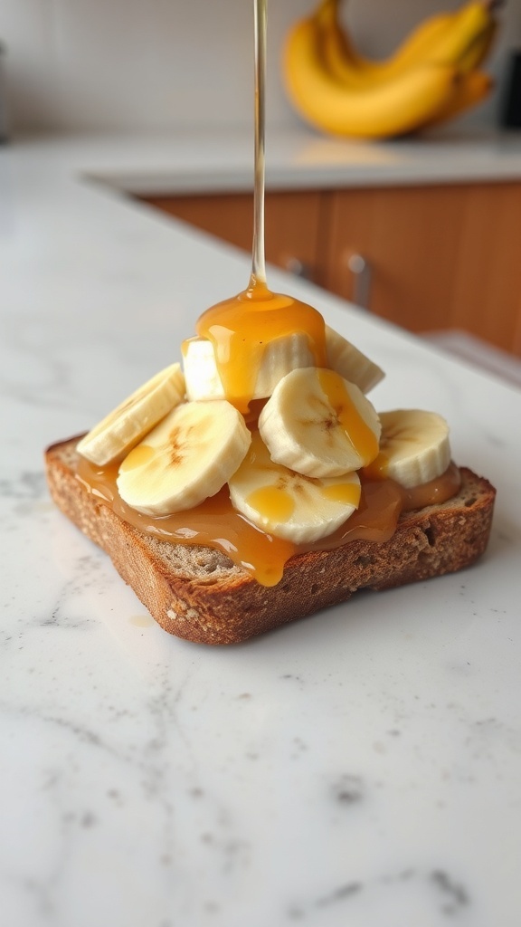 A slice of toast topped with peanut butter and banana slices, drizzled with honey.