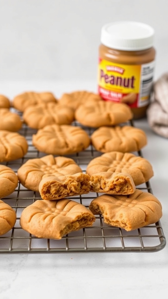 Freshly baked peanut butter cookies cooling on a wire rack with jars of peanut butter in the background.