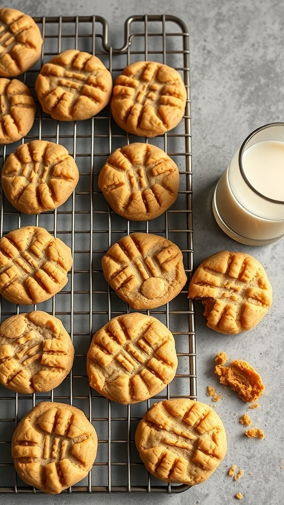 Freshly baked peanut butter cookies on a cooling rack with a glass of milk
