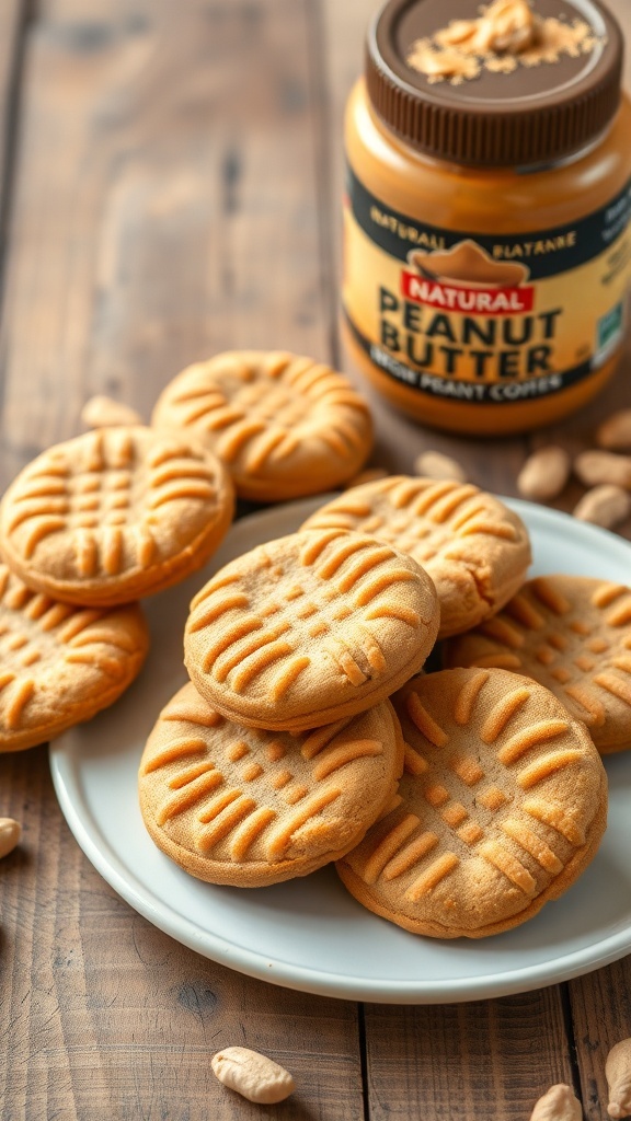 A plate of peanut butter cookies with jars of peanut butter in the background.
