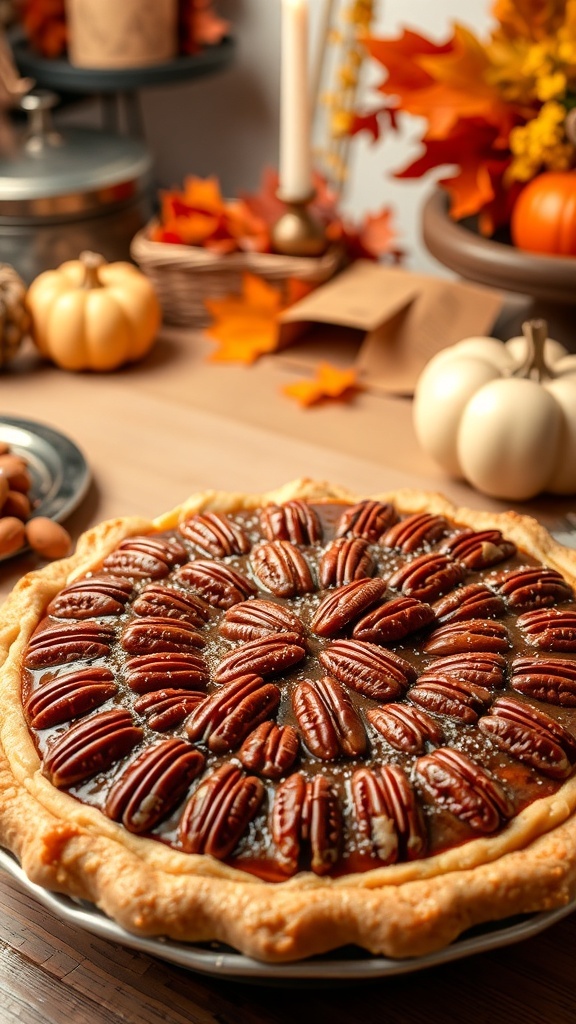 A beautifully baked pecan pie with a glossy filling and arranged pecans on top, surrounded by autumn decorations.
