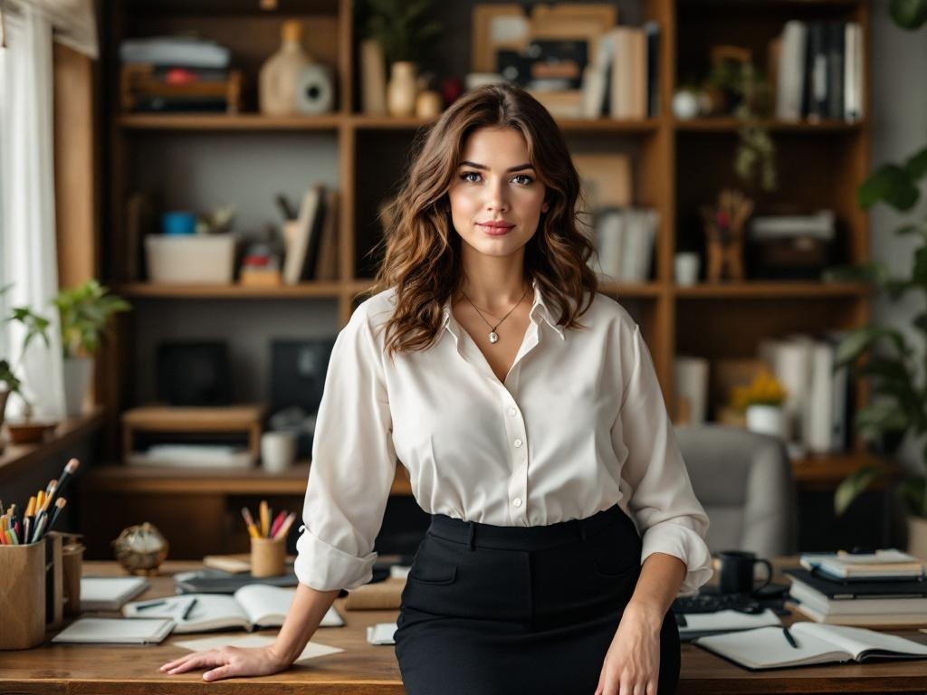 A woman in a white blouse and black pencil skirt standing confidently at a desk in an office setting.