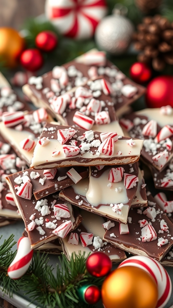 A stack of peppermint bark topped with crushed peppermint candies, surrounded by Christmas ornaments and decorations.