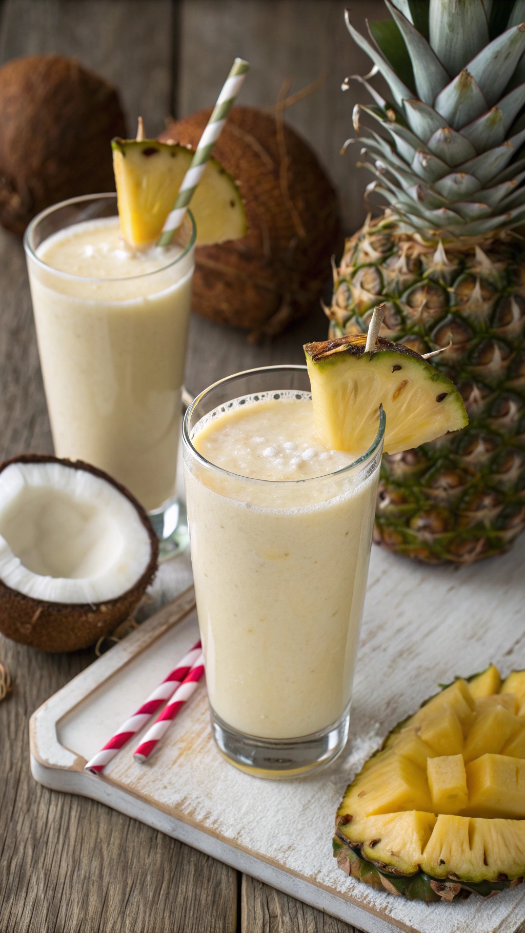 Two glasses of pineapple and coconut milk smoothie with fresh pineapples and coconuts in the background.