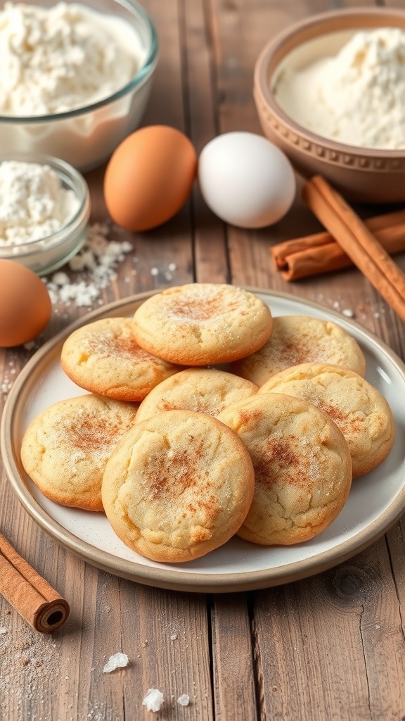 A plate of protein-packed snickerdoodle cookies surrounded by baking ingredients like flour, eggs, and cinnamon.
