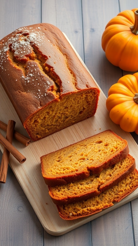 A loaf of pumpkin bread sliced on a wooden board with pumpkins and cinnamon sticks around it.