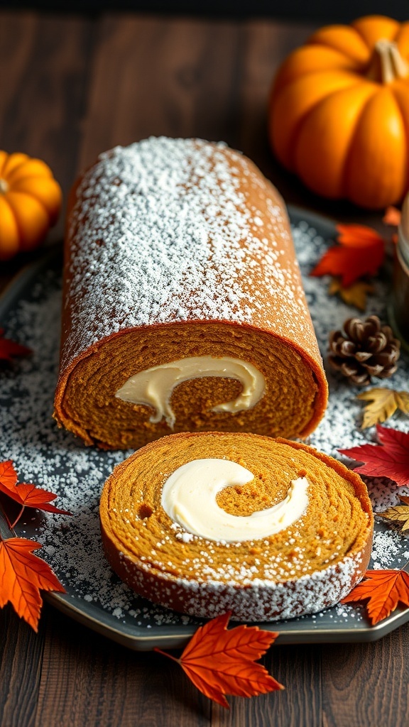 A beautifully presented pumpkin roll cake with cream cheese filling, dusted with powdered sugar and surrounded by autumn leaves and pumpkins.