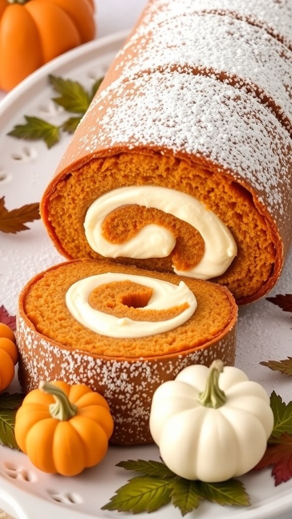 A classic pumpkin roll with cream cheese filling, garnished with mini pumpkins and autumn leaves.
