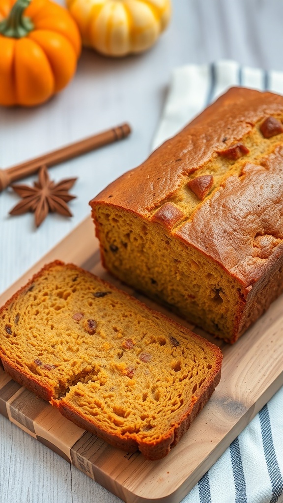 A loaf of pumpkin spice bread sliced on a wooden board, with pumpkins in the background.