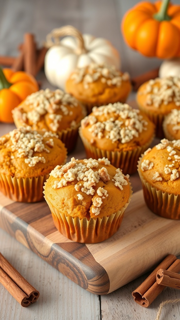 Delicious pumpkin spice muffins topped with streusel on a wooden board, surrounded by pumpkins and cinnamon sticks.