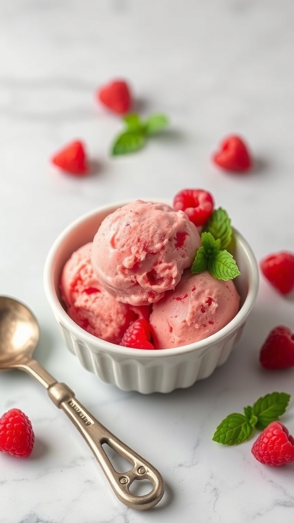 A bowl of raspberry sorbet with fresh raspberries and mint leaves.