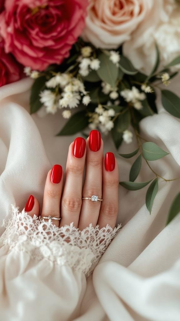 A hand with classic red nails, adorned with rings, surrounded by roses and greenery.