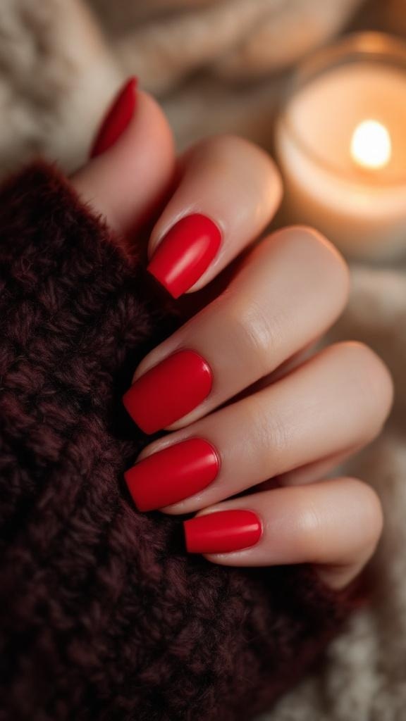 A hand with classic red matte nails resting on a cozy knitted blanket with a candle in the background.