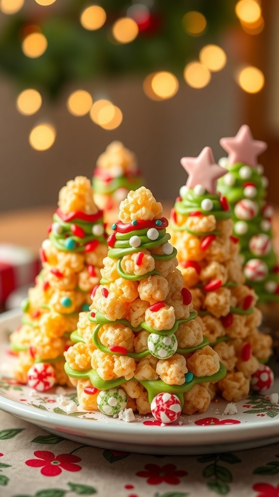 Festively decorated Rice Krispie treats shaped like Christmas trees on a plate.