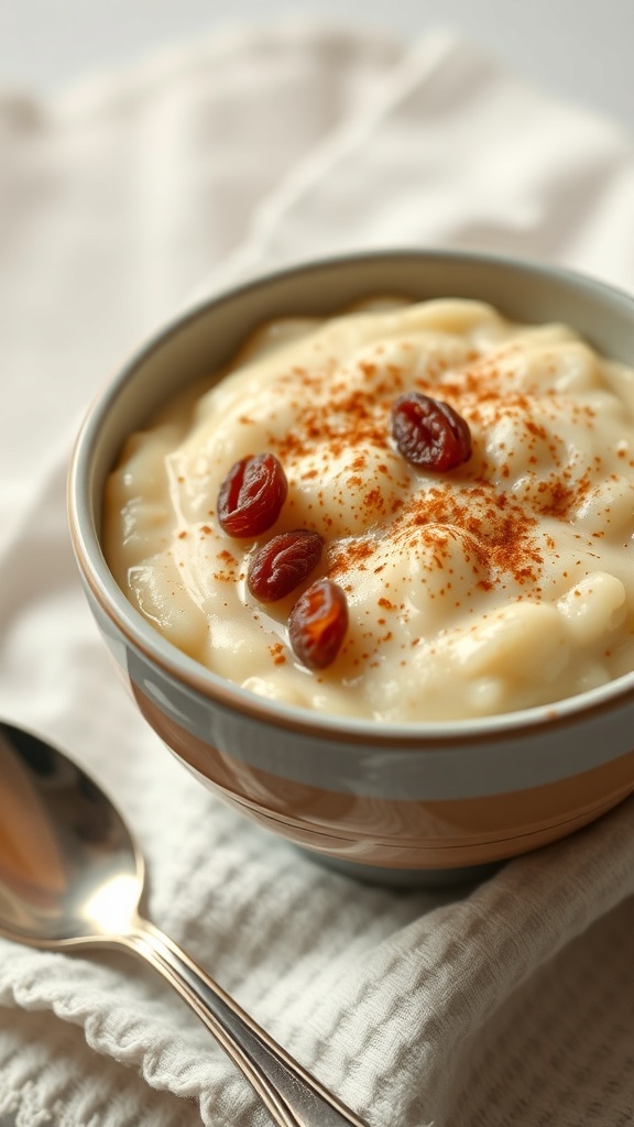 A bowl of creamy rice pudding topped with cinnamon and raisins.
