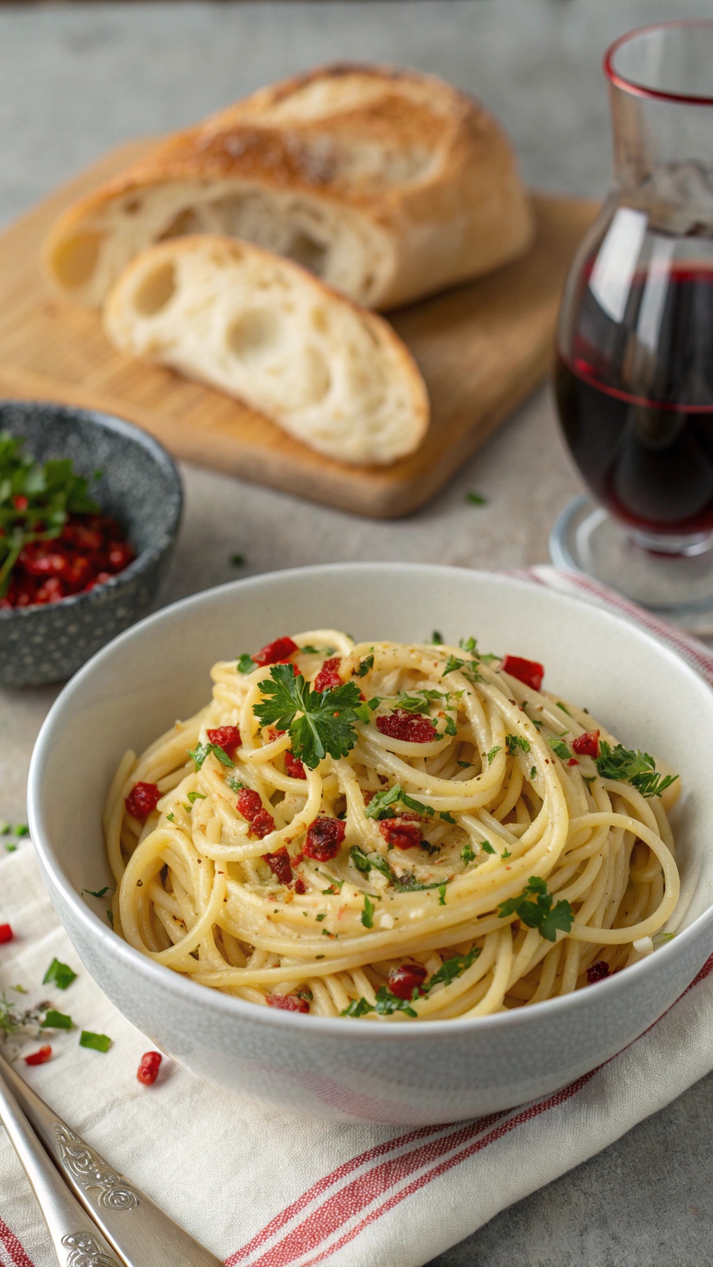A bowl of spaghetti aglio e olio garnished with parsley and red pepper flakes, with a side of bread and a glass of red wine.