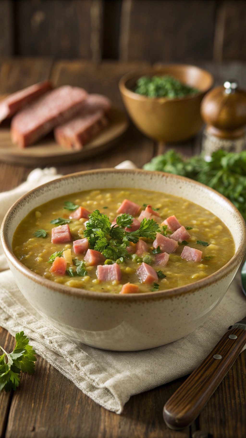 A bowl of classic split pea soup garnished with ham and parsley, surrounded by ingredients.
